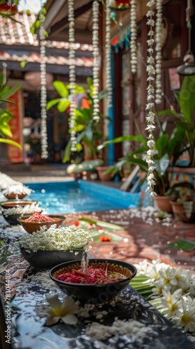 The tranquility of a Songkran morning jasmine garlands and water bowls await