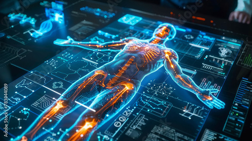 Digitally rendered human figure with an intricate network of glowing lines, symbolizing the intersection of technology and biology.