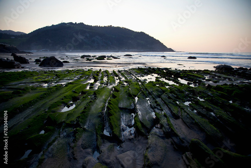 This serene image captures the lush moss-covered rocks leading to the gentle waves of the ocean at dusk, embodying tranquility and the beauty of nature photo