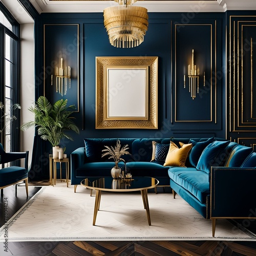 Wnętrze luksusowego salonu w stylu glamour w odcieniach granatu i złota © Monika