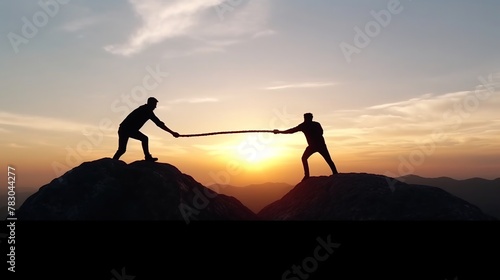 Silhouette of two men pulling rope on top of a mountain photo