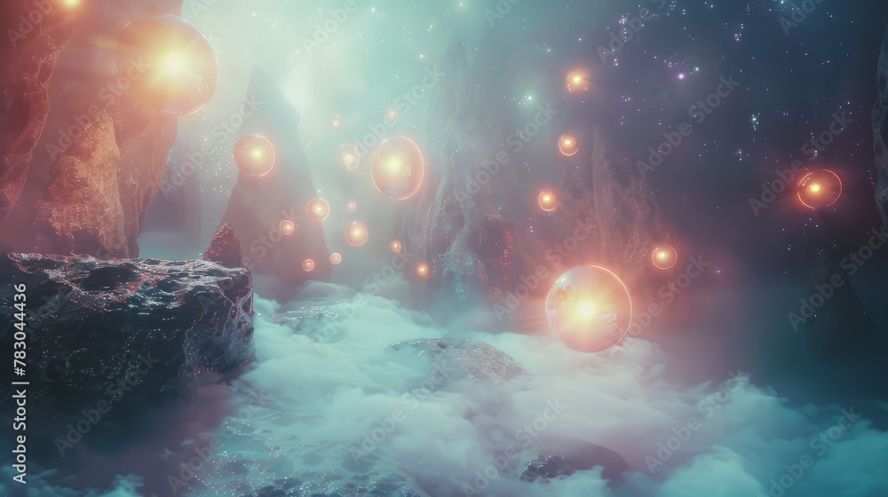Ethereal 3D scene with glowing orbs and mystical elements