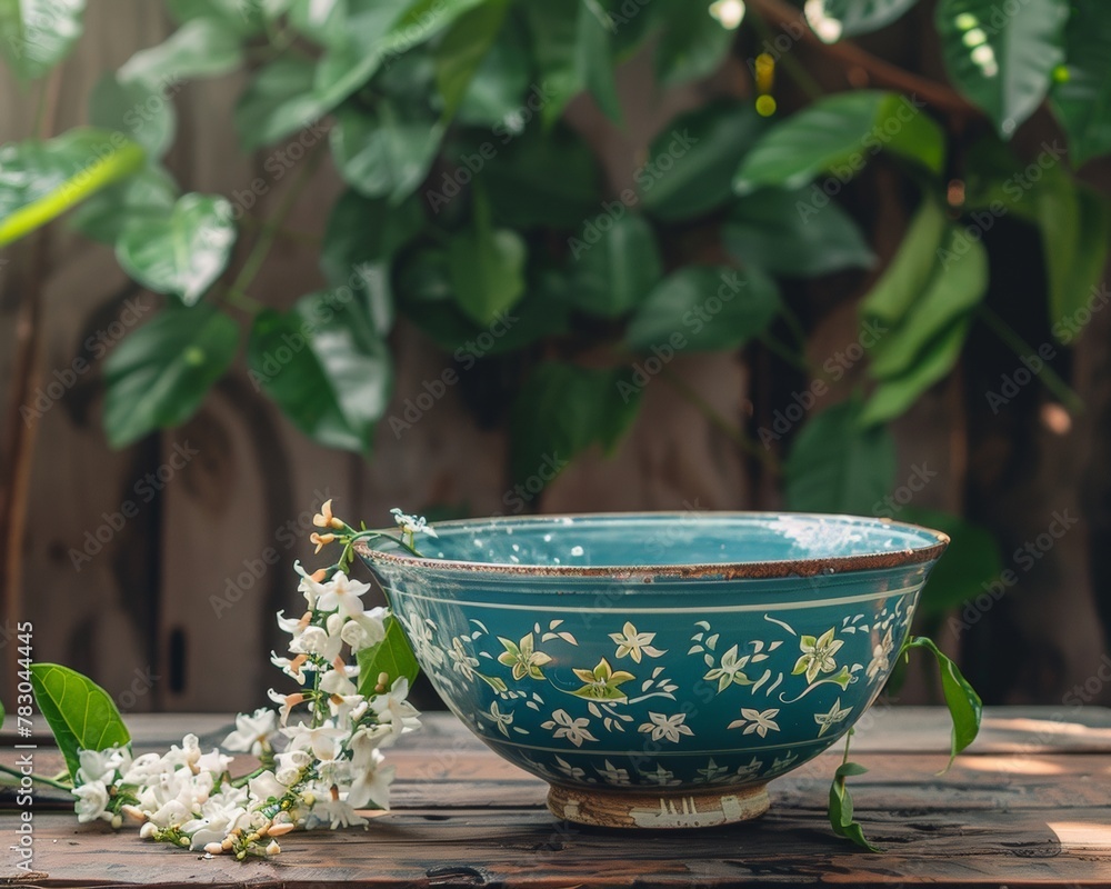 Traditional Songkran setup with a hand-painted bowl of water and a fresh jasmine garland on a wooden table Traditional Songkran setup with a hand-painted bowl of water and a fresh jasmine garland on a wooden table