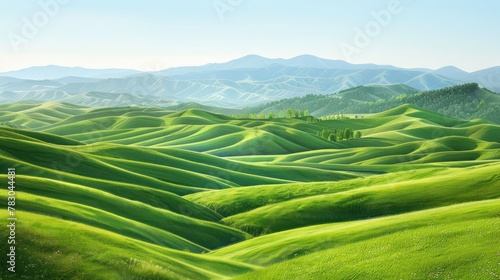 Green grass field on small hills and blue sky with AI generated