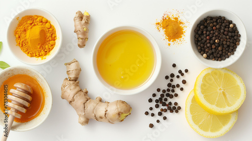 DIY Healthy Syrup Recipe: Top View of Ingredients for Cold Season Remedy: Ginger, Lemon, Pepper, Tumeric and Honey. photo