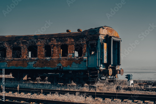 damaged and burnt trains in Ukraine photo