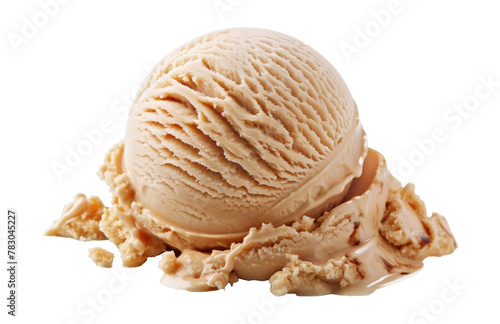 A scoop of melting caramel ice cream with drips on transparent background photo