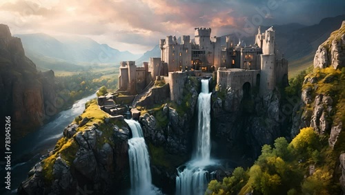 滝が流れる断崖の宮殿,Generative AI  photo