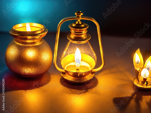 A group of candles and a lantern on a table.