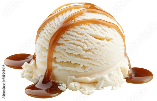 Close-up of a scoop of vanilla ice cream drizzled with caramel sauce on transparent