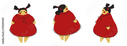 Cute handmade doll. Collection of vector illustrations of a girl in a red dress. Textile toy. Isolated objects on a white background.
