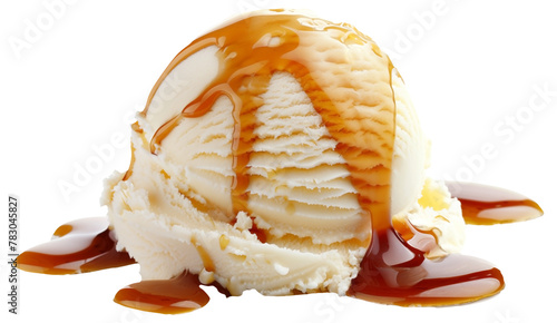 A scoop of vanilla ice cream drizzled with golden caramel sauce on a transparent background