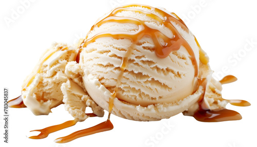 A scoop of vanilla ice cream drizzled with caramel sauce on a transparent background