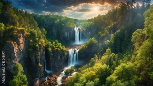 山から流れる滝の自然風景,Generative AI  photo