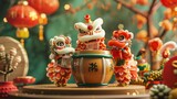 Local folk religion activity in Chinese. Miniature young men perform dragon and lion dances on large drums with other festive objects.