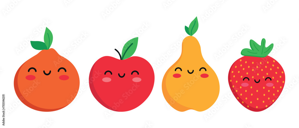 Cute cartoon smiling fruit characters. Childish style. Fruit icons. Vector illustration Cute cartoon smiling fruit characters. Childish style. Fruit icons. Vector illustration