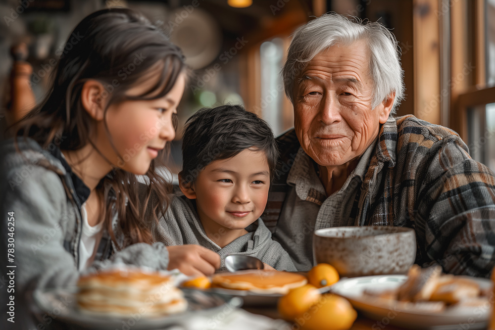 An elder man enjoys a meal with his grandchildren, focusing on a plate of pancakes An elder man enjoys a meal with his grandchildren, focusing on a plate of pancakes