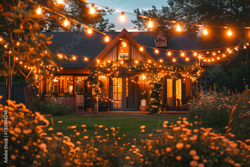 Magical evening scene as festive lights wrap around a charming wooden cottage amidst lush gardens