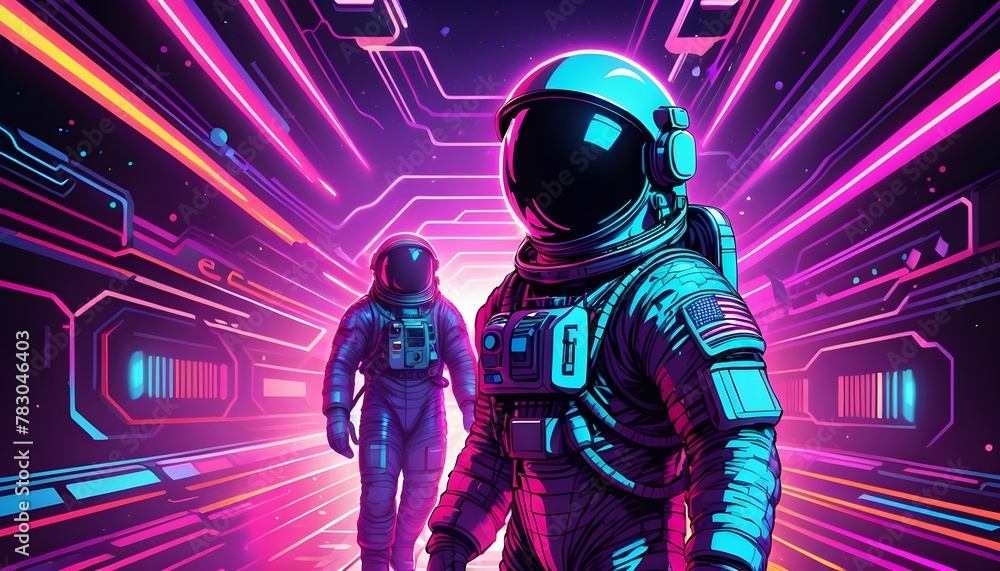Astronaut surrounded by flashing neon lights. Retro 80s style synthwave background. Astronaut surrounded by flashing neon lights. Retro 80s style synthwave background.
