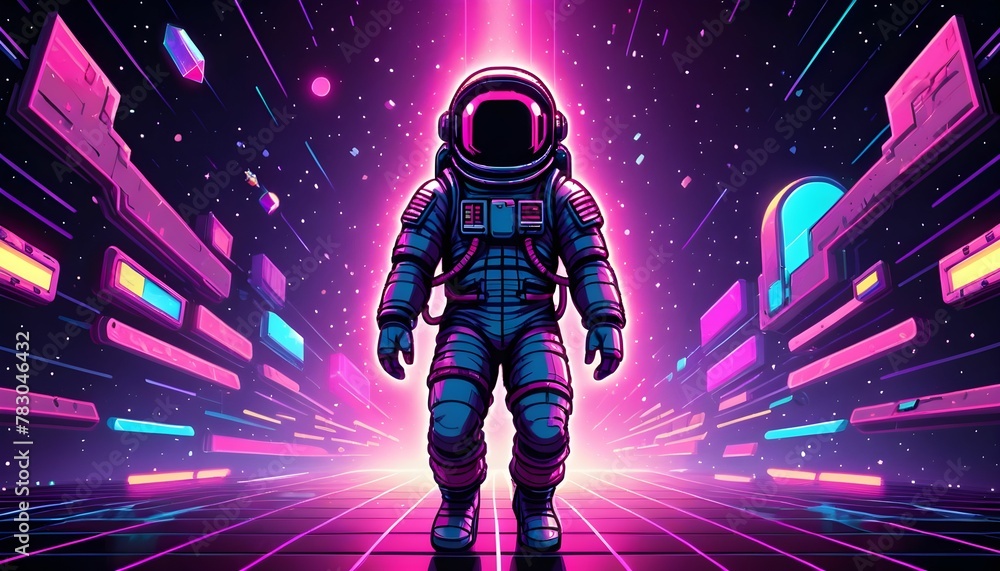Astronaut surrounded by flashing neon lights. Retro 80s style synthwave background.	