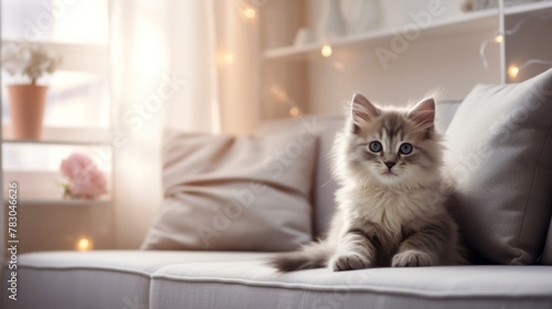 Cute kitty lies on a comfortable sofa in a modern bright living room 