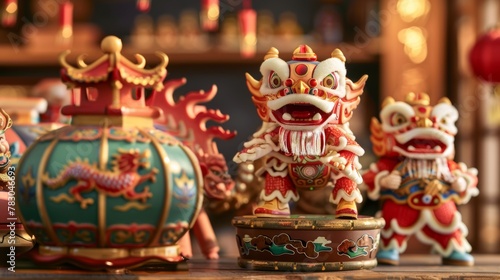 An activity related to Chinese folk religion: miniature young men doing dragon and lion dances on large drums with other holiday-related items. Translation: CNY temple fair.