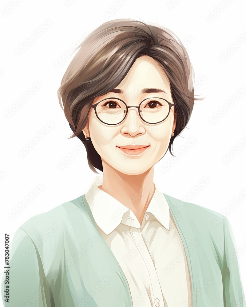 Three-quarter shot of a middle-aged Chinese woman with glasses, elegant white background, embodying grace Three-quarter shot of a middle-aged Chinese woman with glasses, elegant white background, embodying grace