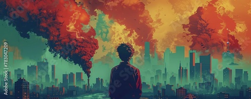 Produce a dynamic social media graphic portraying a figure looking out towards a polluted cityscape, while holding a banner promoting the impact of environmental education