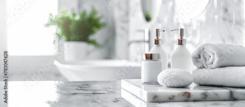 Various supplies toiletries in the modern white bathroom