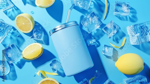 3D illustration of a covered tumbler bottle lying on an icy surface with ice cubes and lemon slices on either side