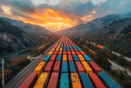 A scenic shot of cargo containers being loaded onto trains or trucks at a busy transportation hub, capturing the seamless flow of goods in transit from one destination to another