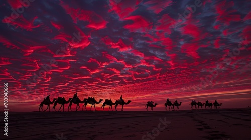 Beneath the crimson hues of the evening sky, camels and their cameleers navigate the desert, a timeless tableau of endurance and perseverance.