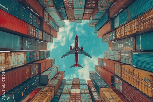 airplane flying over cargo container