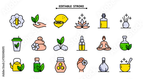 Ayurveda icons set. Editable stroke size. Color flat pictogram vector illustration, aroma therapy, ayurvedic collection with symbols of healthy alternative medicine. Simple pictogram vector illustrati