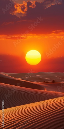 The sun, huge and radiant, dips below the horizon, casting a warm glow over the vast desert dunes.