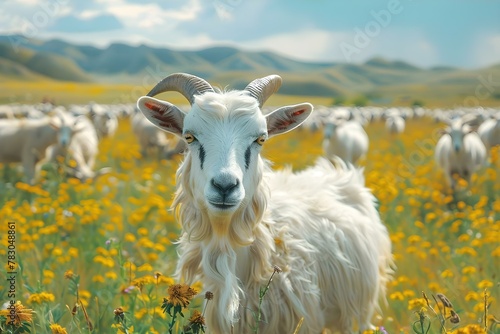 Serene Goats in a Sunlit Field of Blooms. Concept Nature Photography, Animal Portraits, Wildflowers, Sunny Day, Peaceful Scenes