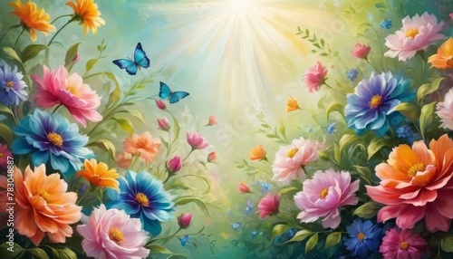 A serene and radiant digital painting depicting a lush garden with an array of vibrant flowers and fluttering butterflies under sun rays.. AI Generation