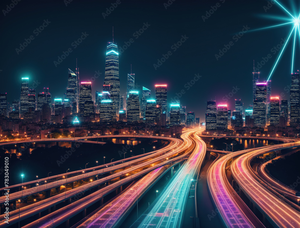 A cityscape at night with brightly lit skyscrapers and busy roads.