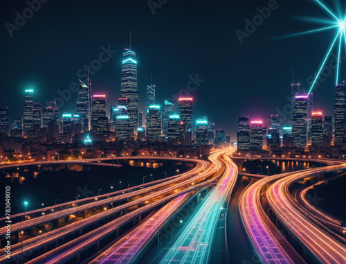 A cityscape at night with brightly lit skyscrapers and busy roads.