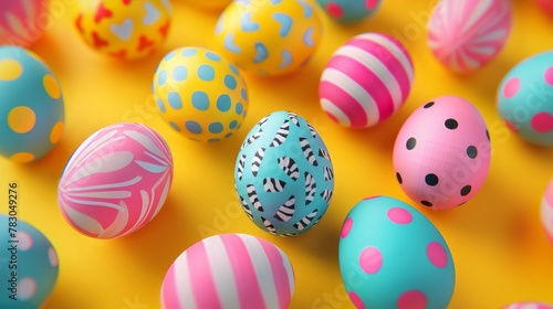 A set of 3D colored Easter eggs with beautiful patterns on a yellow background