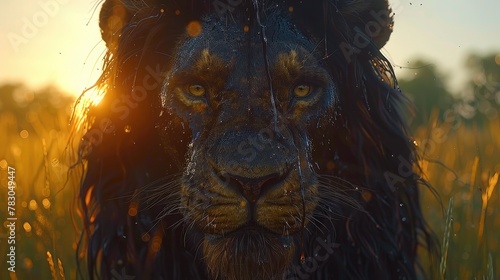 Bold Black Male Lion Exuding Majestic Aura Amidst the Savannah.