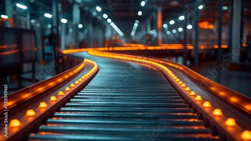 A conveyor belt with bright yellow lights highlighting its path.