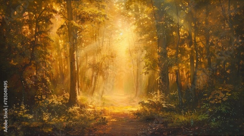 Everlasting peace portrayed in a tranquil forest bathed in golden light