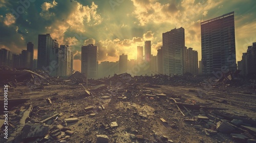 Ruined city skyline with collapsed skyscrapers and scattered debris photo