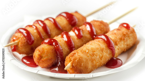 Product photo of Corndog with ketchup, on paper plate, isolated on white background.