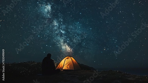Beneath the starlit sky, my faithful companion and I camp under the vast expanse of the universe, our hearts filled with gratitude for the shared experiences of our journey. photo