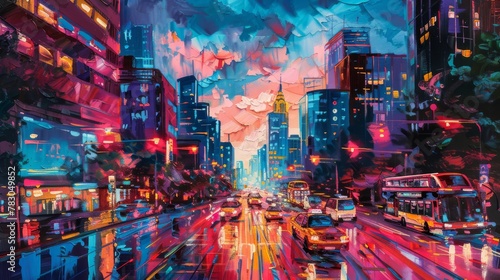 Vivid acrylic painting depicting vibrant city life in fine art style