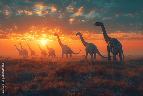 Sunset March of the Brachiosaurus Herd. Concept Dinosaur Photography, Prehistoric Landscapes, Herd Movement, Sunset Glow, Mesozoic Era photo