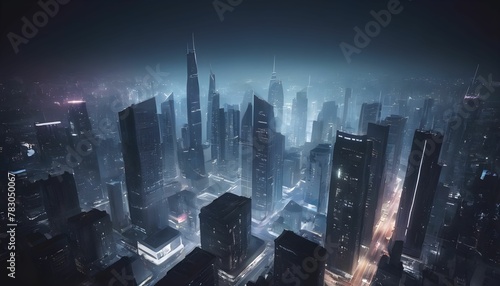 futuristic virtual sci fi city. Many high sky scrapper building towers. Concept for night life, business vision, technology product