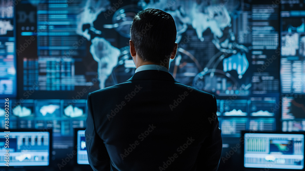 A man in a suit is looking at a computer screen with a world map on it. A man in a suit is looking at a computer screen with a world map on it.